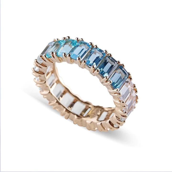 14K Solid Gold Blue Topaz Ombre Emerald Cut Eternity Band view 4