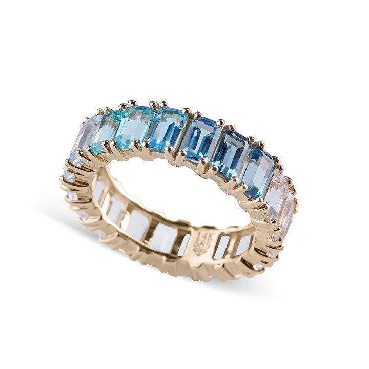 14K Solid Gold Blue Topaz Ombre Emerald Cut Eternity Band view 5