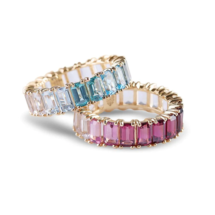 14K Solid Gold Blue Topaz Ombre Emerald Cut Eternity Band view 6
