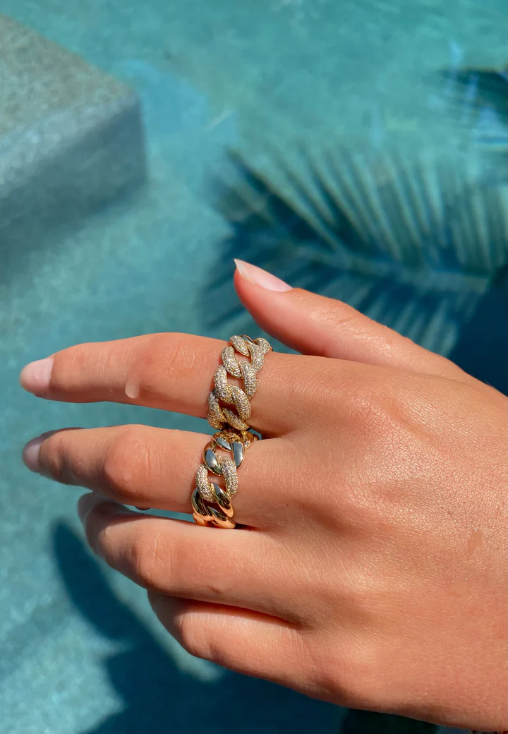 14K Solid Gold Chunky Chain link And Diamond Ring view 2