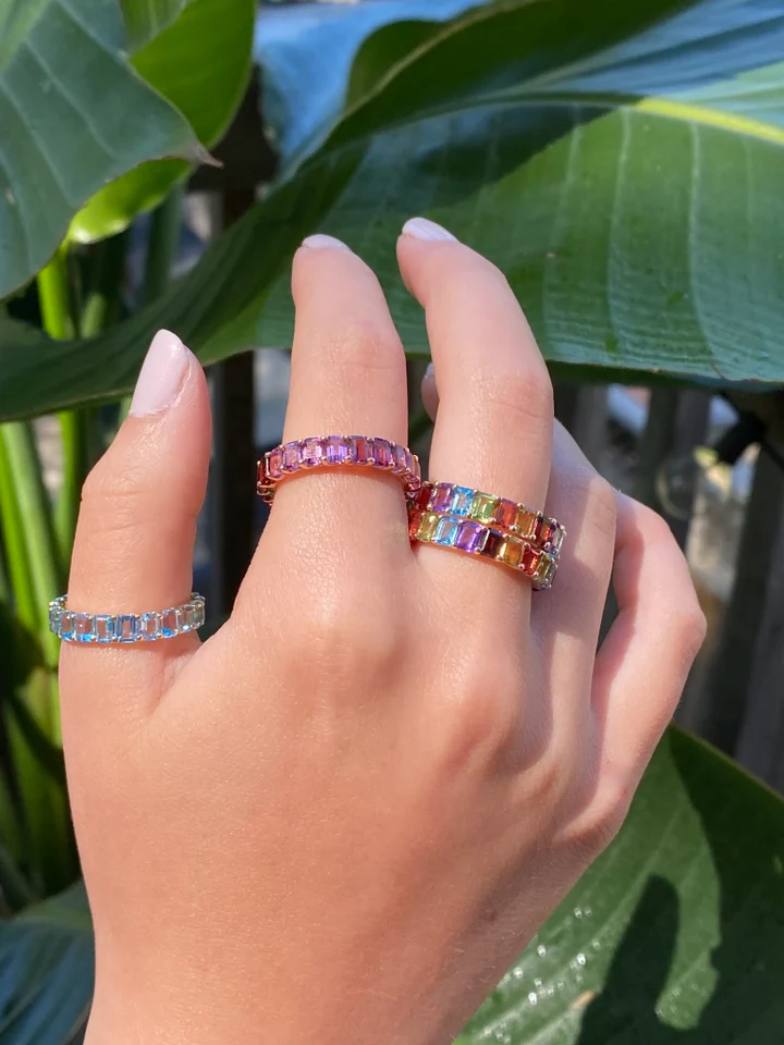 14K Solid Gold Rainbow Emerald Cut Eternity Band view 2