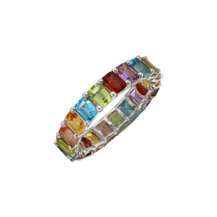 14K Solid Gold Rainbow Emerald Cut Eternity Band view 3