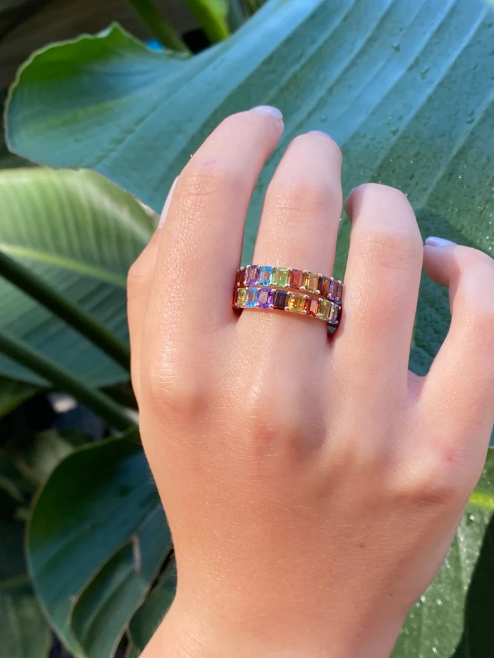 14K Solid Gold Rainbow Emerald Cut Eternity Band view 4