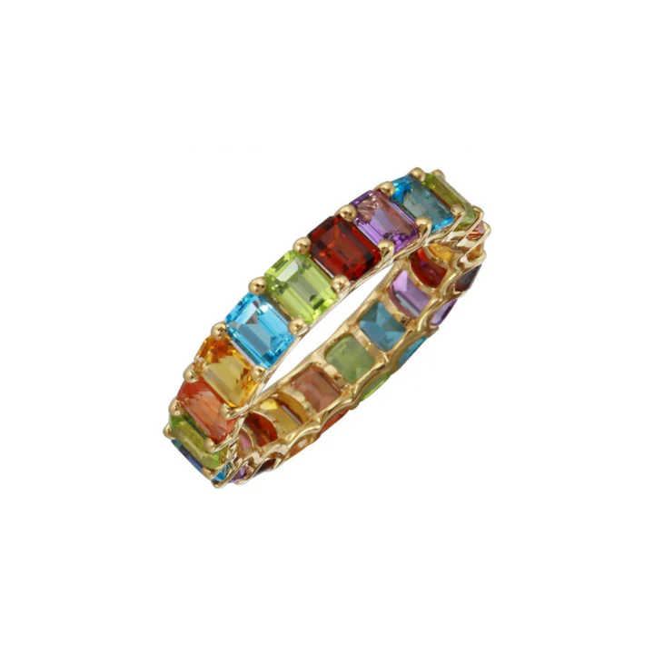 14K Solid Gold Rainbow Emerald Cut Eternity Band view 5