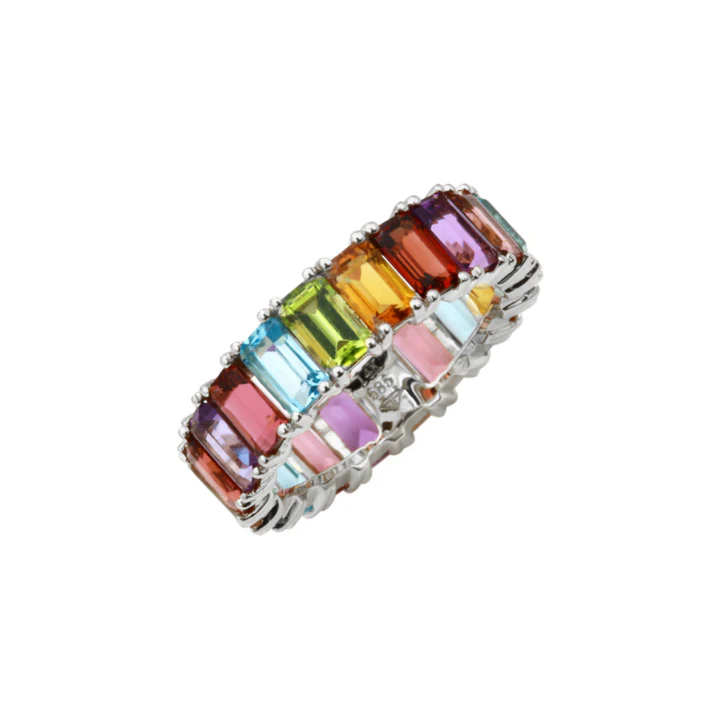 14K Solid Gold Rainbow Emerald Cut Eternity Band view 6