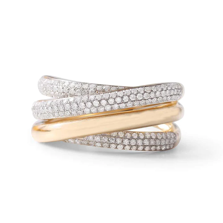 14K Solid Gold Quad Crisscross Gold And Diamond Ring