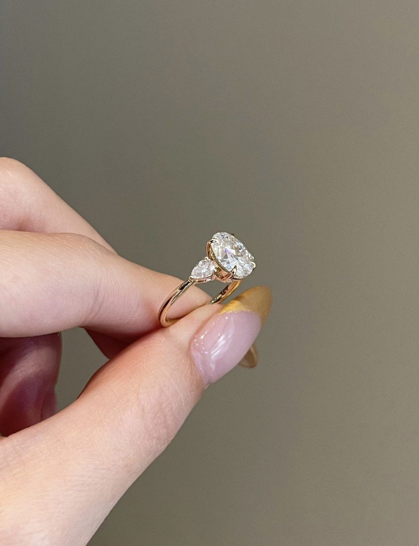 14K Solid Gold Three Stone Oval Moissanite Engagement Ring view 3