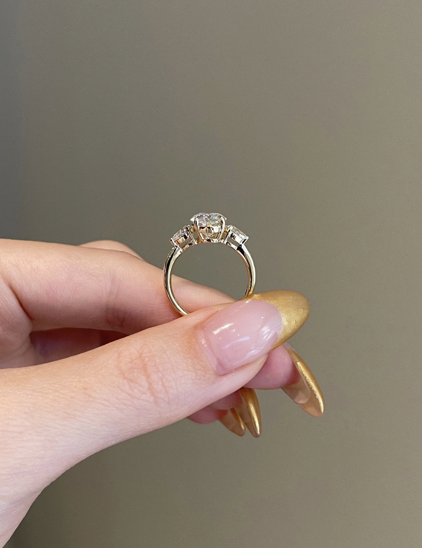14K Solid Gold Three Stone Oval Moissanite Engagement Ring view 4