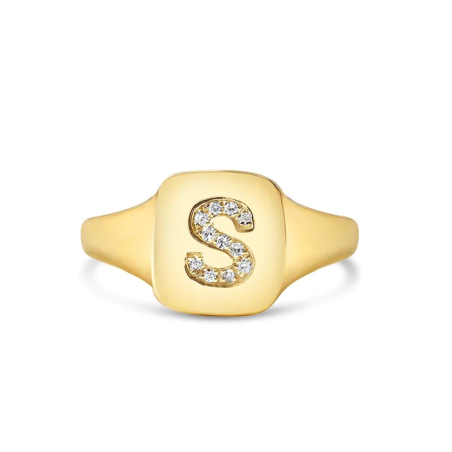 14K Sold Gold Diamond Letter Signet Ring