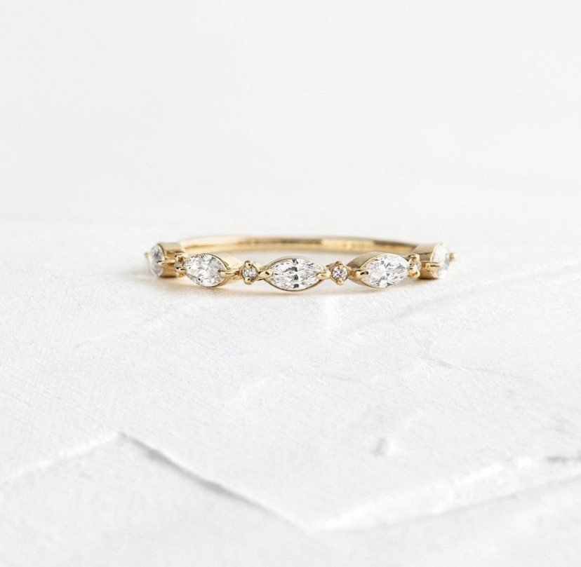 14K Solid Gold Marquise Stacking band studded with moissanite