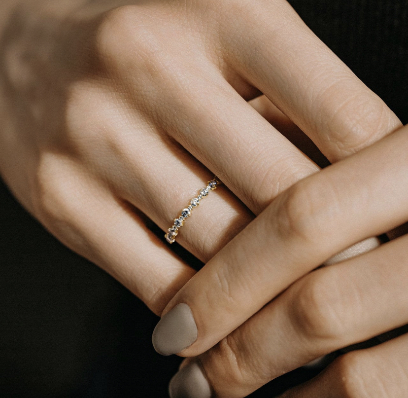 14K Solid Gold Stacking band studded with moissanite