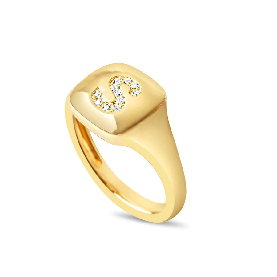 14K Sold Gold Diamond Letter Signet Ring view 6