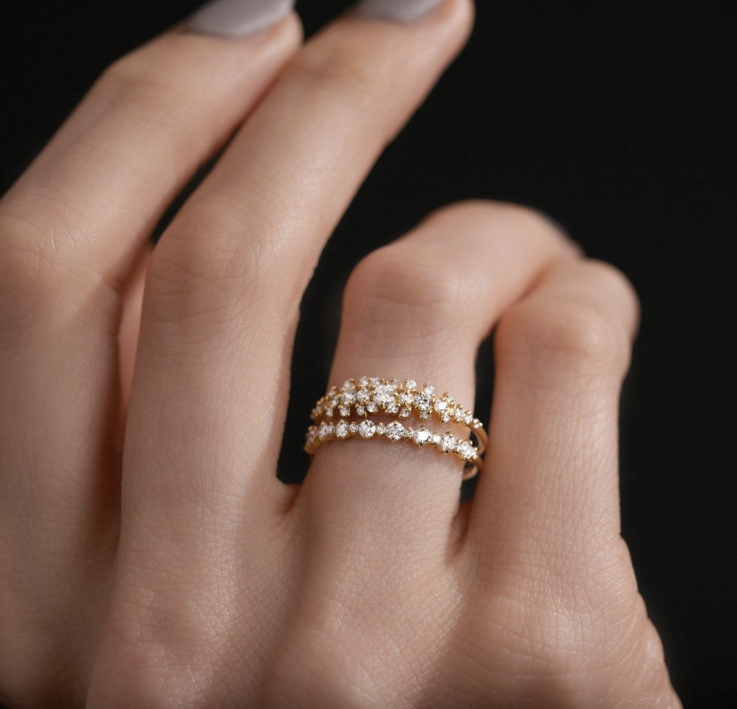 14K Solid Gold Stacking band studded with moissanite view 3