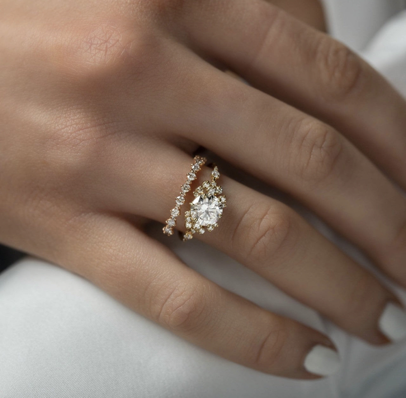 14K Solid Gold Stacking band studded with moissanite view 4