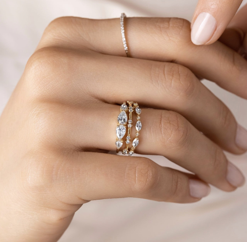 14K Solid Gold Marquise Stacking band studded with moissanite view 3