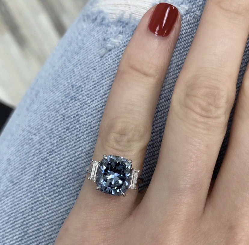 14K Solid Gold Blue Diamond Engagement Ring