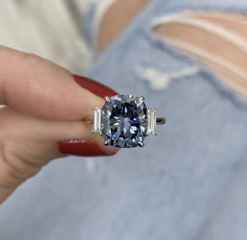 14K Solid Gold Blue Diamond Engagement Ring view 2