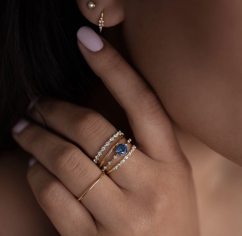 14K Solid Gold Stacking band studded with moissanite view 6