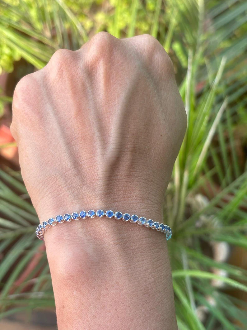 18K Solid Gold Blue Sapphire Tennis Bracelet